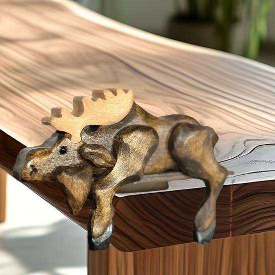 Деревянная фигурка животного, деревенская ручной работы, олень, сидящий на полке, резное животное, украшение с лаковым покрытием для дома, книжной полки, каминной полки, декора гостиной