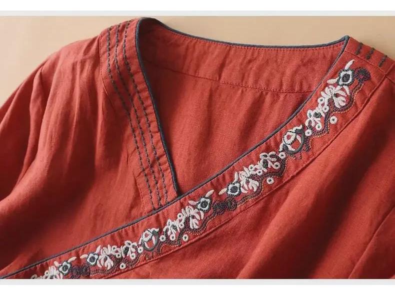 Женский ретро-вышитый кардиган из хлопка и льна с V-образным вырезом