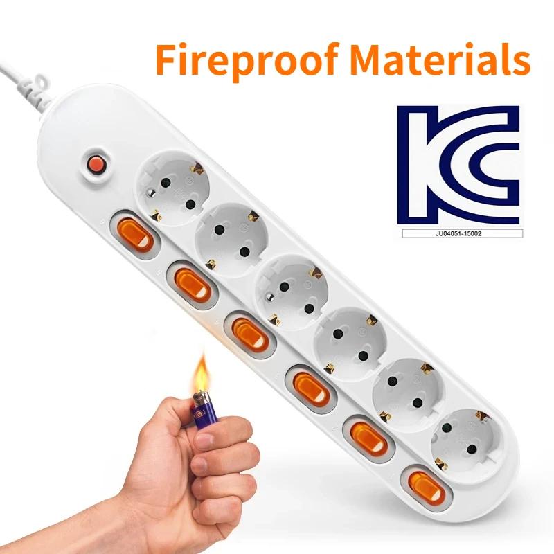 Melery Сетевой фильтр Защита от перенапряжения ЕС Вилка Выходы Электрический удлинитель 16A розетка Независимые переключатели управления 1.5/2m шнур