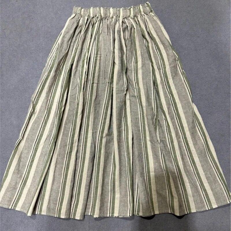 Johnature Винтажные юбки в японскую полоску, женские летние свободные эластичные льняные юбки с карманами
