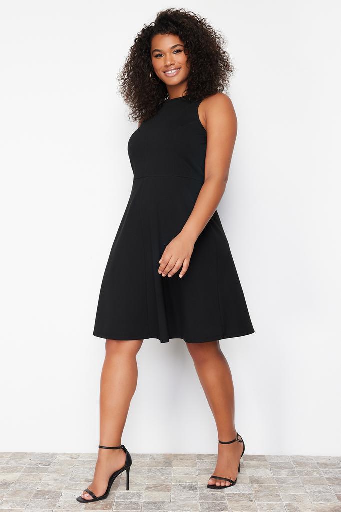 Женское платье больших размеров, черное мини-трикотажное платье с детальной строчкой