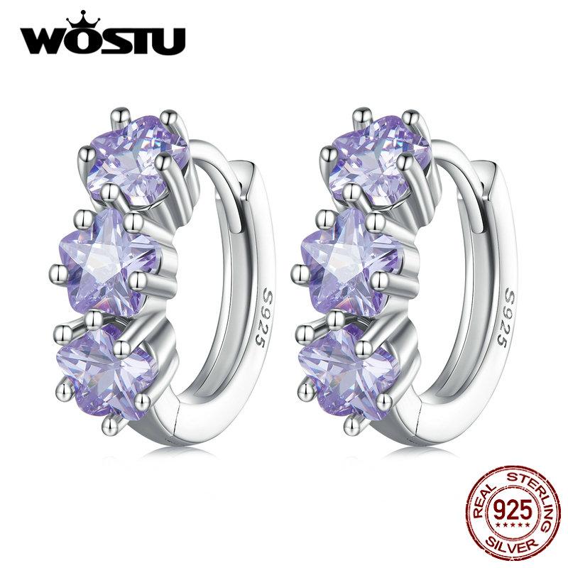 WOSTU 925 Sterling Silver Purple Zircon Stacked Star Ear Buckles Lavender Flower Hoop Earrings for Women Elegant Fine Jewelry