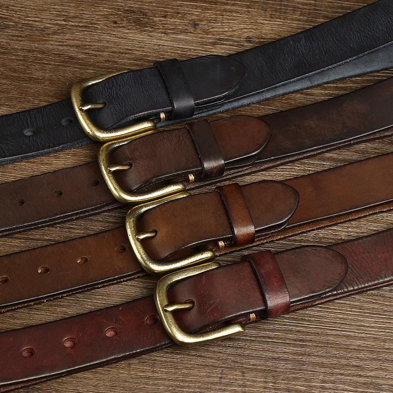 3.3Cm Washed Retro Old Belt Men'S First Layer Cowhide Pure Copper Pin Buckle Casual Jeans Belt Genuine Leather