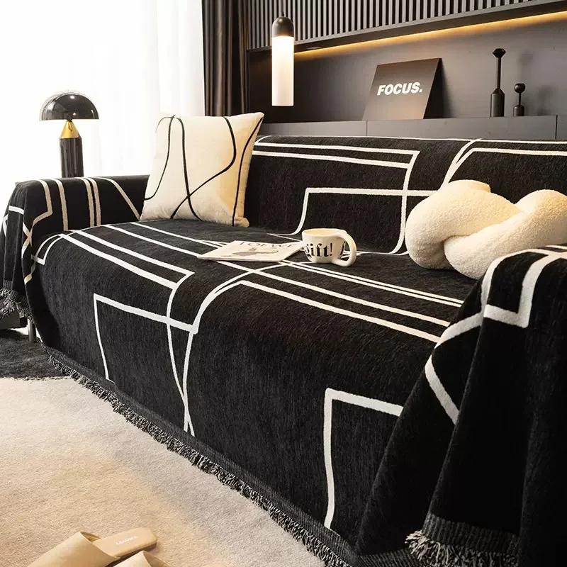 Black Lines Chenille Sofa Cover Cloth Sofa Blanket Cover Full Universal Couch Towel Dust Proof Sofa Cushion Cover
