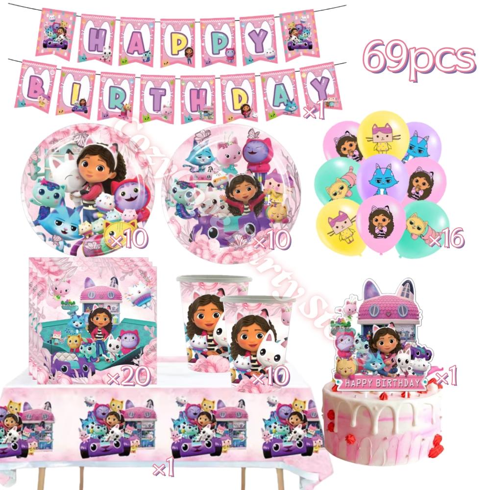 Gabby Dollhouse Birthday Party Decoration Gabby Tableware Bracelets Stikers Cake Topper Balloons For Kids Party Gift Photo Booth