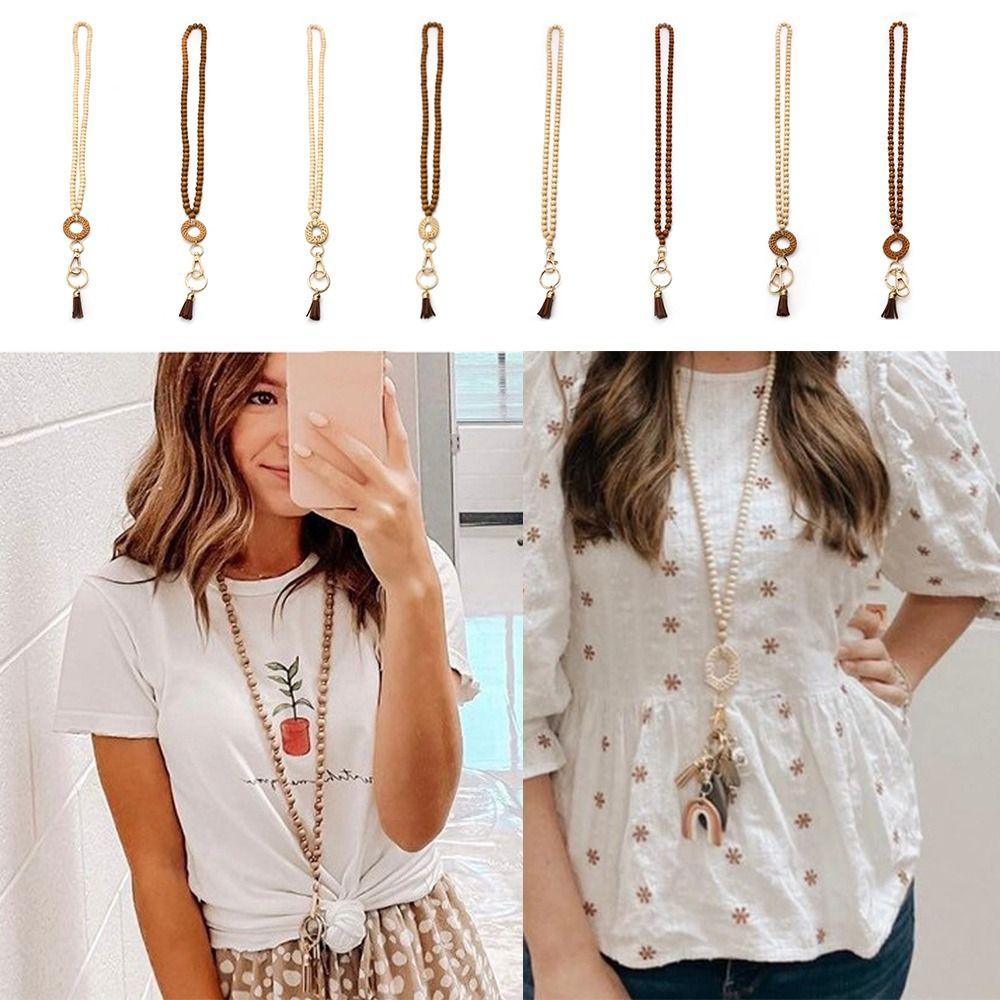 Шарм Подарок Бейдж Ожерелье Длинные Брелоки Аксессуар Бисероплетение Шнурок Ротанговые Деревянные Бусины Шнурок