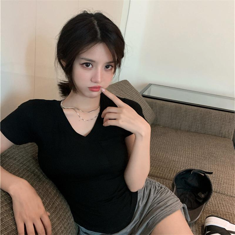 Women Spring Summer Solid Color Short Sleeve T-shirt V-Neck Pocket Slim Irregular Blouses Pullover Base Top M-XXL