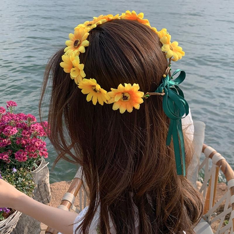 Realistic Sunflower Garland Headband Bohemian Crown Headpiece Tiaras Flower Hairband Women Wedding Party Accessories
