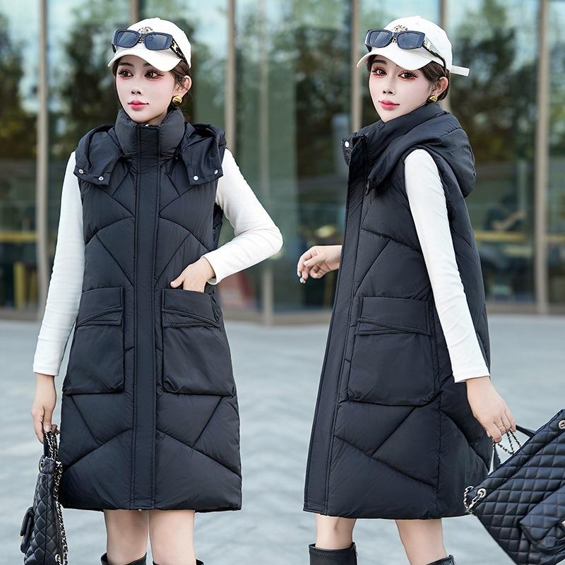 Cotton vest women's autumn and winter new medium and long hooded sleeveless jacket versatile thickened warm vest