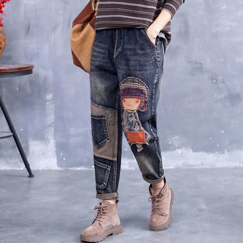 Vintage Style High Waist Denim Pants Women Fashion Embroidery Loose Jeans Female 2022 Autumn Winter Plus Size Woman Harem Pants