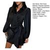 Women's Satin Shirt Dress V Neck Long Sleeve Wrap Dress Casual Tie Waist