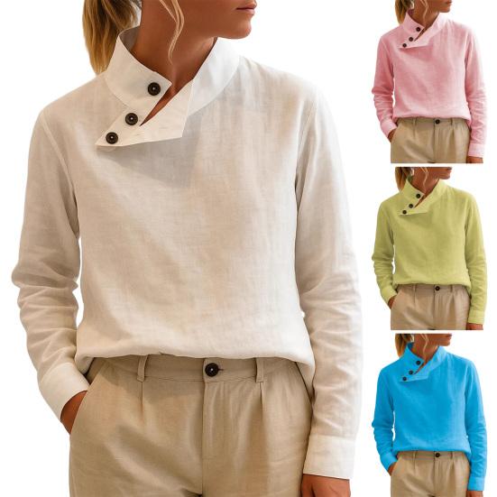 Женские топы Стойка воротник Скошенный пуговичный вырез Длинный рукав Пуловеры Однотонный Свободный крой Повседневные топы Для работы Вечеринки Повседневной носки