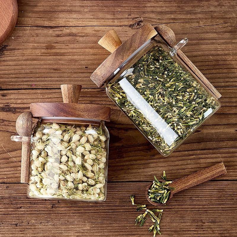 Coffee Bean Storage Jar Glass Sealed Containers Grains Jar with Wood Spoon Clear Spice Jars Kitchen Moisture-proof Storage Tank