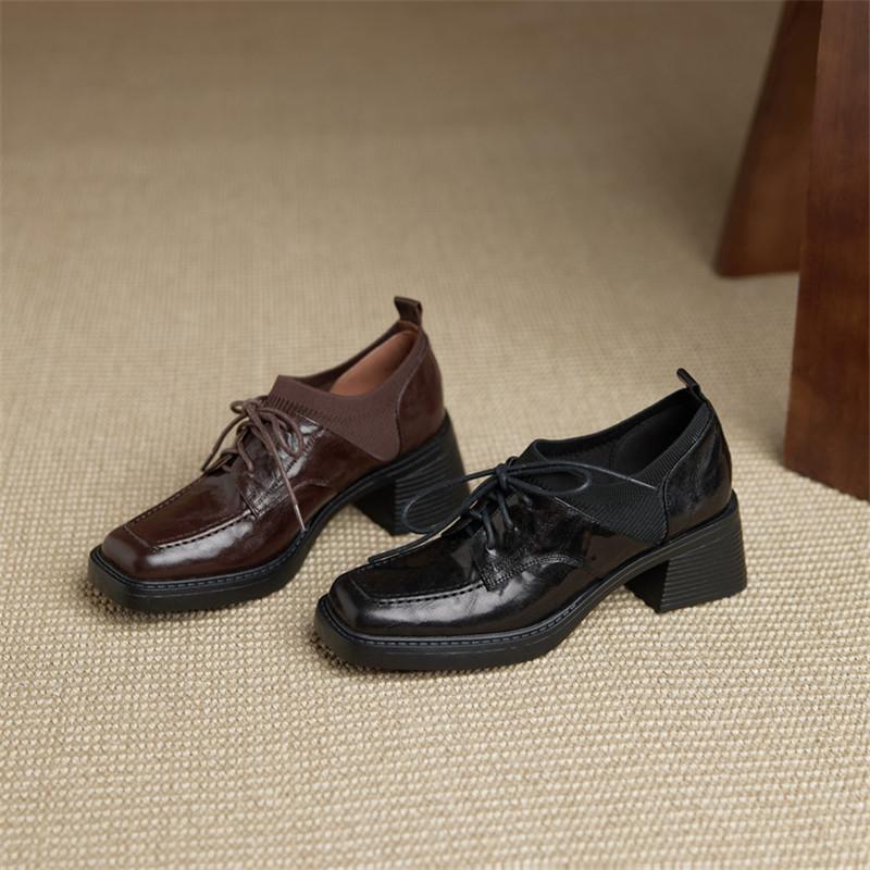 Модные новые весенне-осенние женские туфли из натуральной кожи, лоферы с квадратным носком, женские туфли на шнуровке, на массивном высоком каблуке
