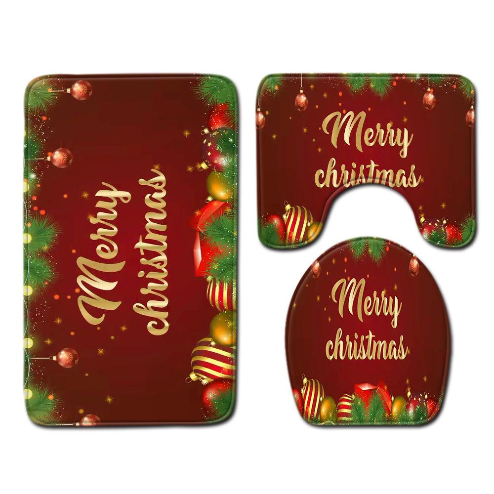 Christmas Bathroom Shower Curtain Toilet Floor Mat Four-Piece Bathroom Non-Slip Door Mat Kitchen Bedroom Absorbent Carpet