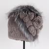 Luxury Warm Real Fox Fur Bomber Hat Female Winter Hand Knitted Real Rex Rabbit Fur Hats Women Outdoor Rex Rabbit Fur Flower Cap