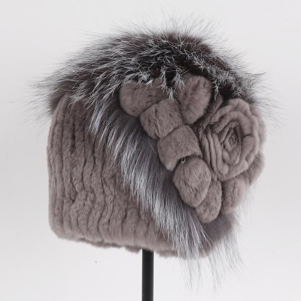 Luxury Warm Real Fox Fur Bomber Hat Female Winter Hand Knitted Real Rex Rabbit Fur Hats Women Outdoor Rex Rabbit Fur Flower Cap