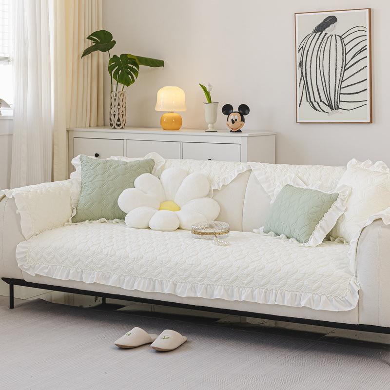 Washed Cotton Sofa Cushion, Four-Season Universal Fabric  New Pure Cotton Cream Ruffle Edge Non-Slip Cover Cloth