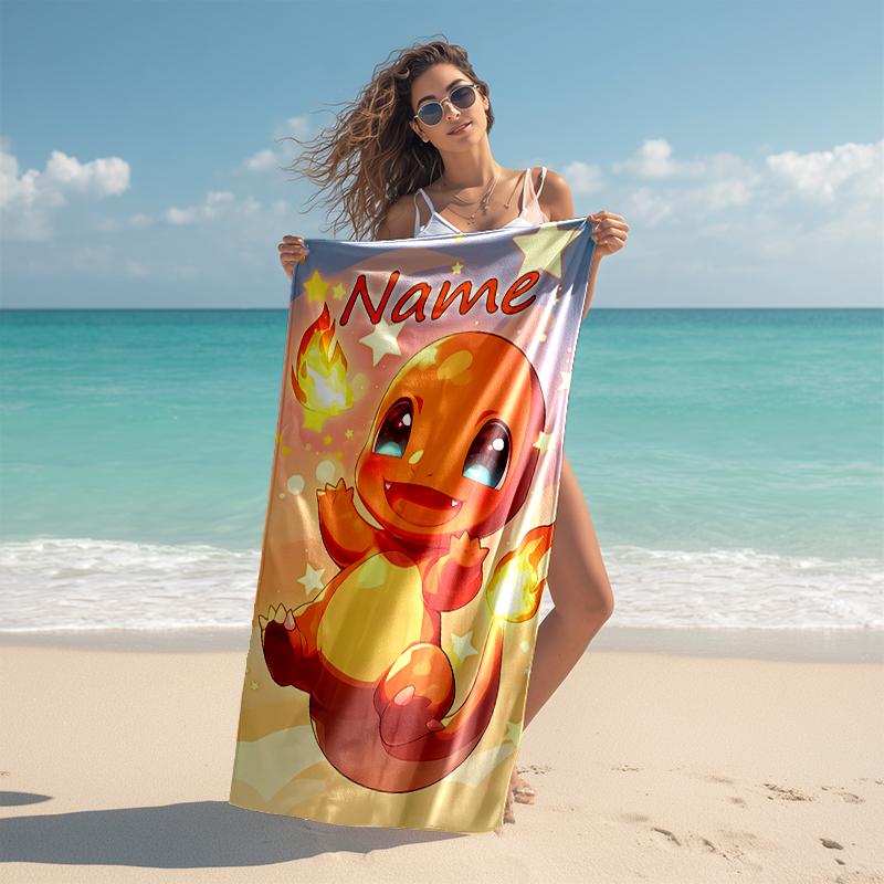 Personalized customized proof beach towel with Pokémon Charmander pattern - soft, absorbent,quick-drying,perfect swimming,camping&bathing