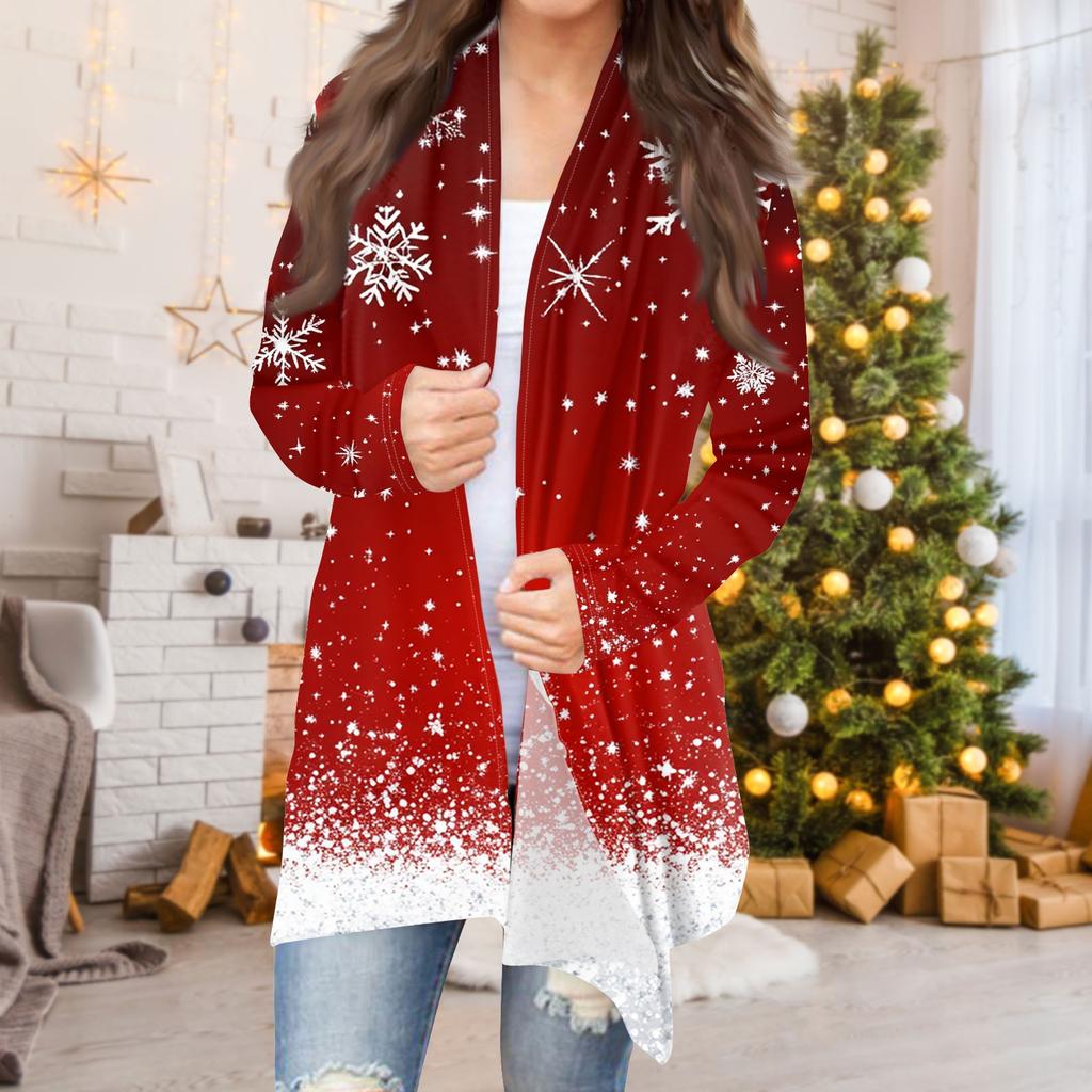 Женская мода повседневная рождественская печать средней длины кардиган куртка пальто