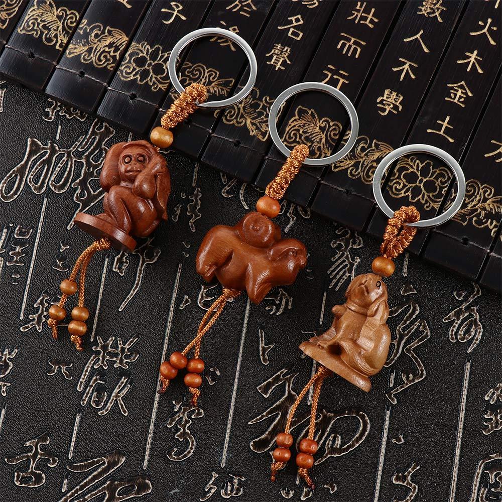 Ethnic Bag Pendant Lucky Key Chain Chinese 12 Zodiac Keychain Engraving Wood Keyring Mahogany