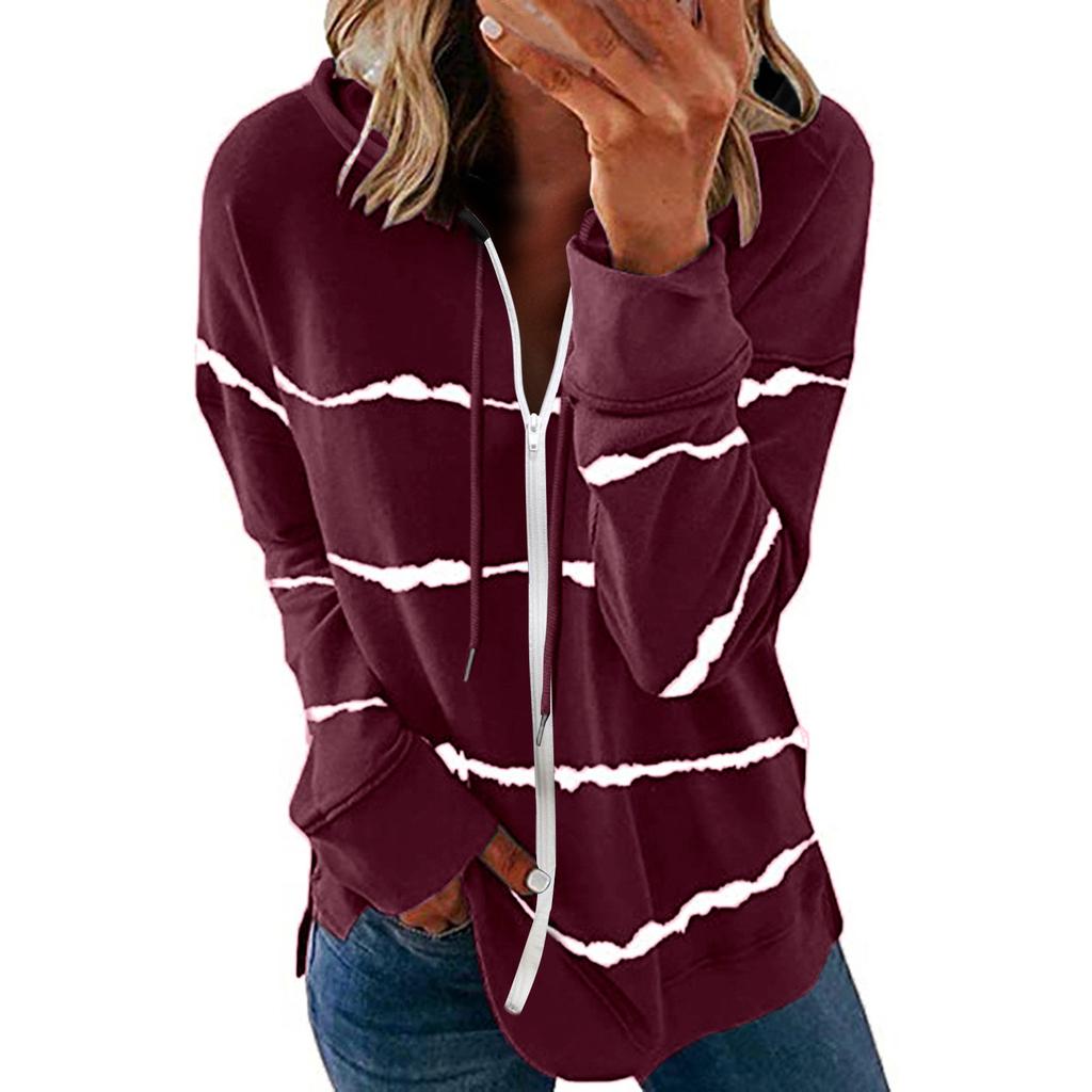 Womens Hoodie Striped Full Zip Long Sleeve Lightweight Sweatshirts Jacket Coat