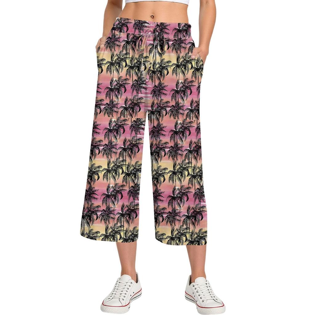 Женские летние повседневные спортивные брюки с высокой талией и принтом, укороченные брюки свободного покроя