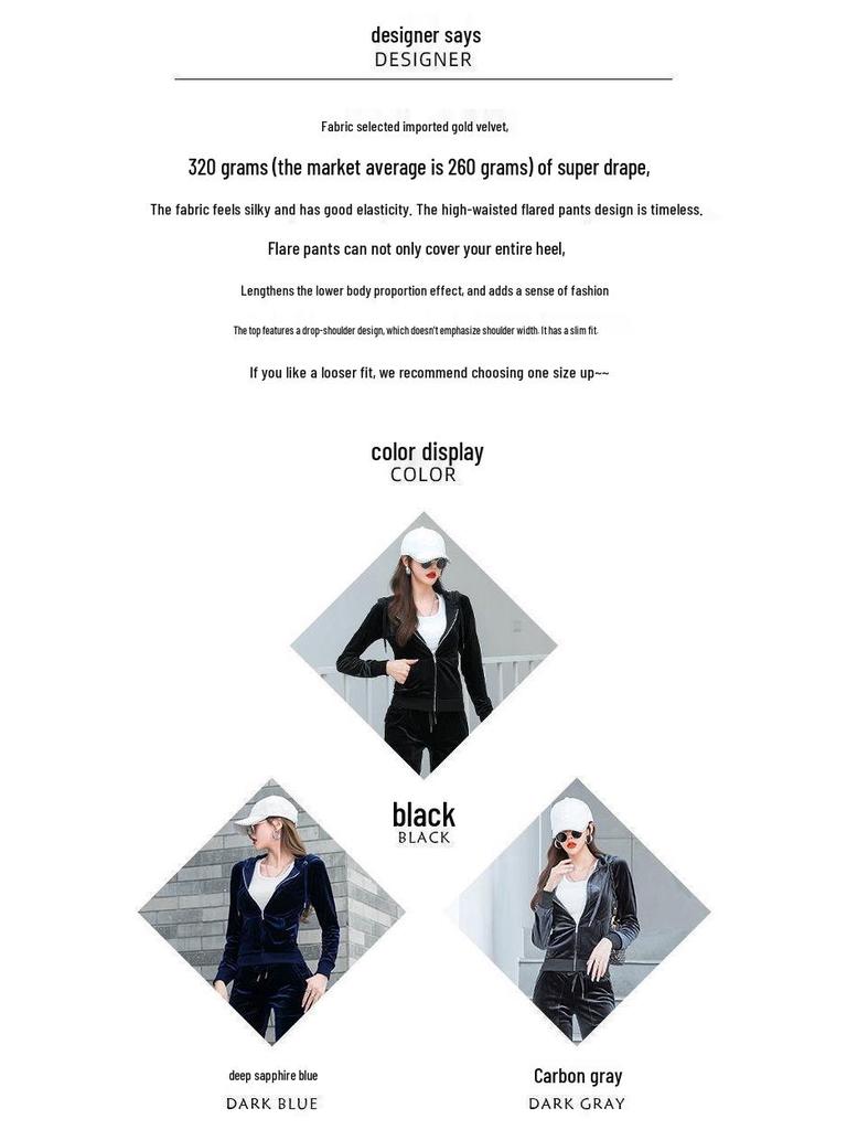 Women's Gold Velvet Hooded Sweatshirt and Straight Pants Two-Piece Sports Suit for Spring and Autumn