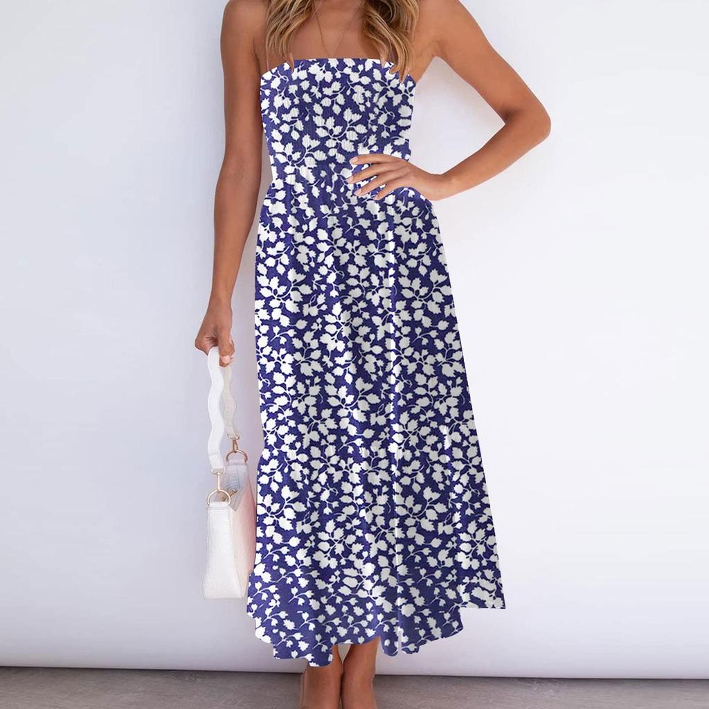 Strapless Dress For Women PrintingSummer Beach Boho Smocked Tube Top Long Dress