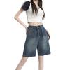 Retro ko'k denim shortilar ayollar yozgi yupqa besh nuqtali shimlar to'g'ri keng yuqori belga mos keladigan barcha narsalar bilan mos keladigan shimlar