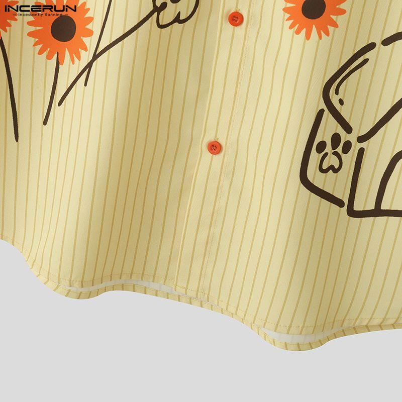 INCERUN Мужские свободные рубашки оверсайз с отложным воротником, коротким рукавом и мультяшным принтом, повседневные.