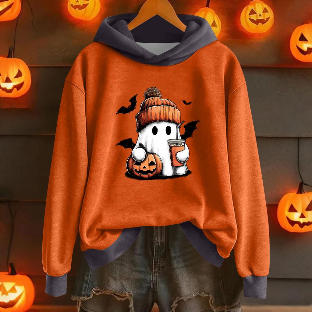 Women's Fashion Lightweight Long Sleeve Pullover With Halloween Print Hoodie