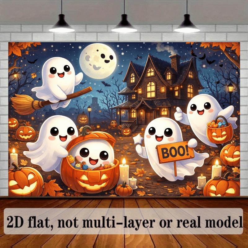 2D Flat Banner - White Moon Theme Halloween Background Cloth with two white ghosts in the center of the picture.zyc