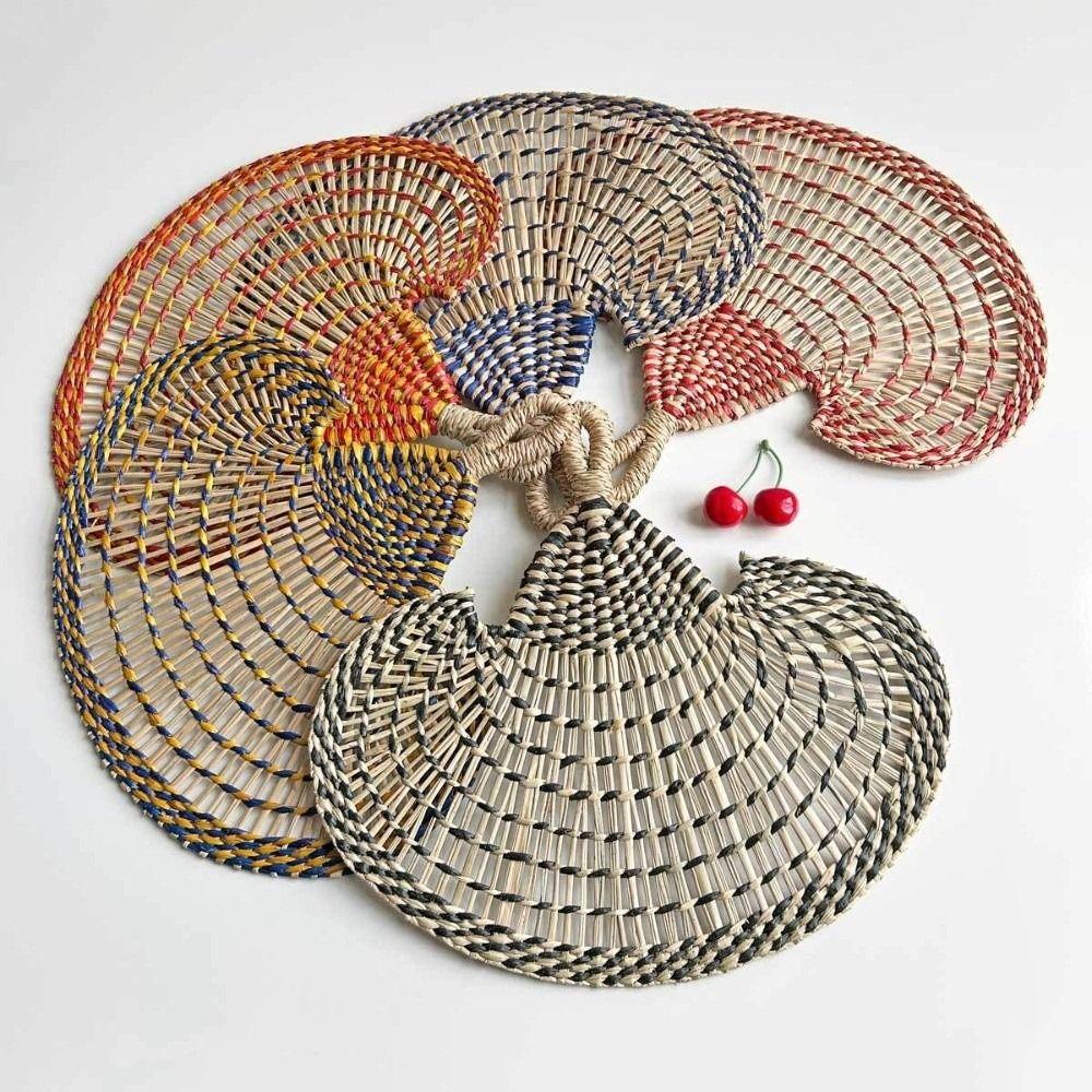 Gift Colorful Hand-woven Straw Fan Bohemian Anti-Mosquito Decorative Handmade Fan Portable Vintage Cattail Fan Beach