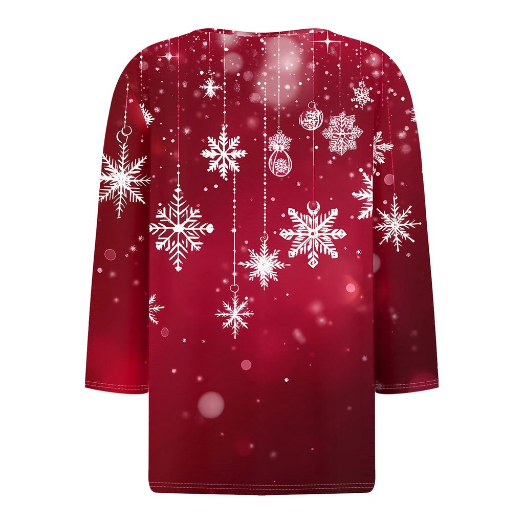 Women's T Shirt Christmas Print Button 3/4 Sleeve Daily Weekend Fashion Basic V- Neck Regular Top