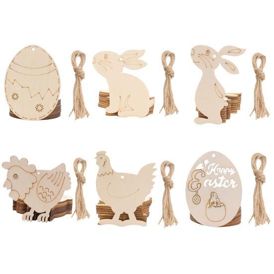 10Pcs Easter Pendant with Lanyard Rabbit Egg Hen Rooster Shape Easter-themed Wooden Charms Easter Decoration