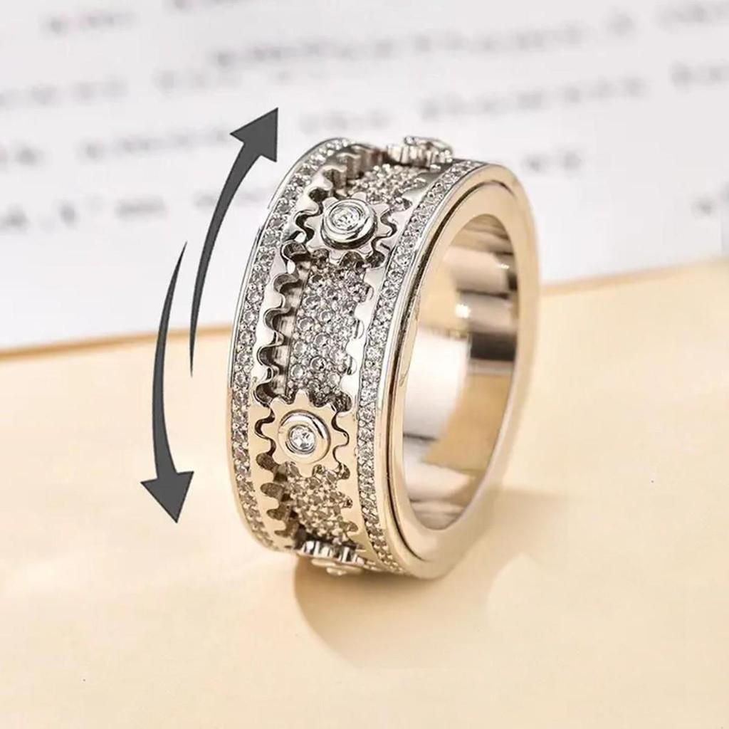 Trendy Full Diamond Rotation Gear Ring: Versatile & Popular with a Mechanical Vibe, Perfect for Decompression & Personal Expression