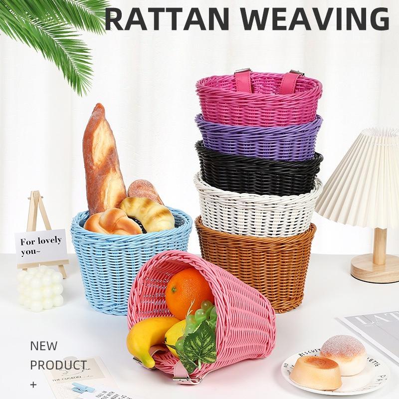 Kids Bike Basket Woven Imitation Rattan Bicycle Handlebar Basket Front Storage Basket for Kids Bike Scooter Toys Snacks Drinks