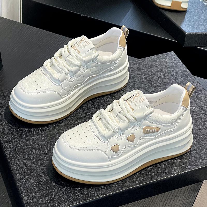 Women's Thick-Soled White Leather Sneakers - 2025 Spring Fashion, Height-Enhancing, Versatile, Casual Sports/Board Shoes