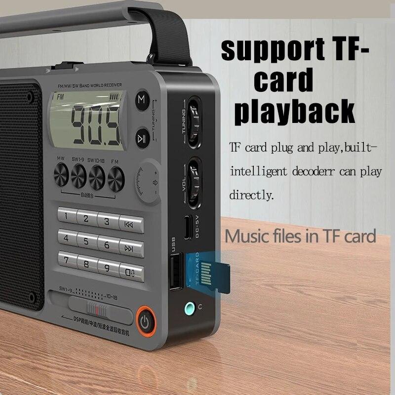 FM/AM/SW Full Band Radio Bluetooth Digital Retro Radio Hifi Portable U-Disk USB/TF/Mp3 Music Player Speaker Bass LED Flashlight