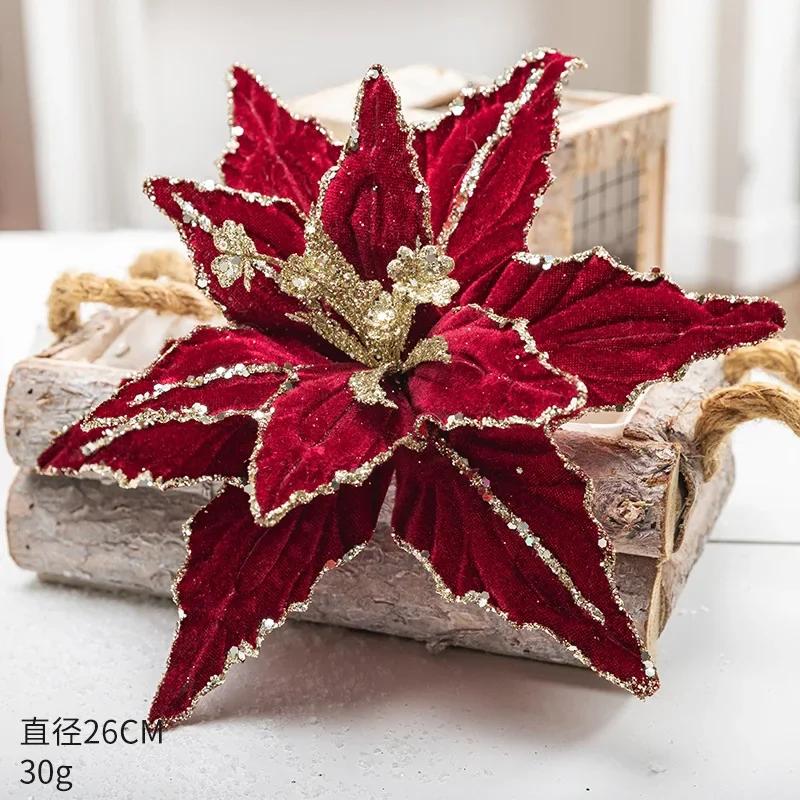 26 см Navidad Flower Red Gold Glitter Fleece Simulation Искусственные Цветочные Подвески для Рождественской Елки Веселые Рождественские Цветочные Подвесные Украшения