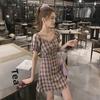 2024 Корейское летнее ретро-платье на одно плечо в стиле Тондэмун в клетку