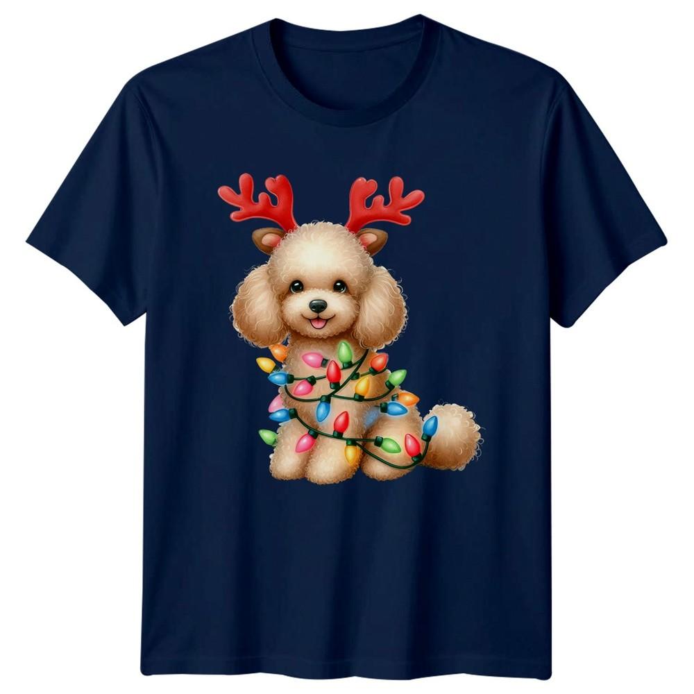 Poodle Dog Christmas Holidays Unisexs Unisexs Graphic Tee Reindeer Antlers Lights