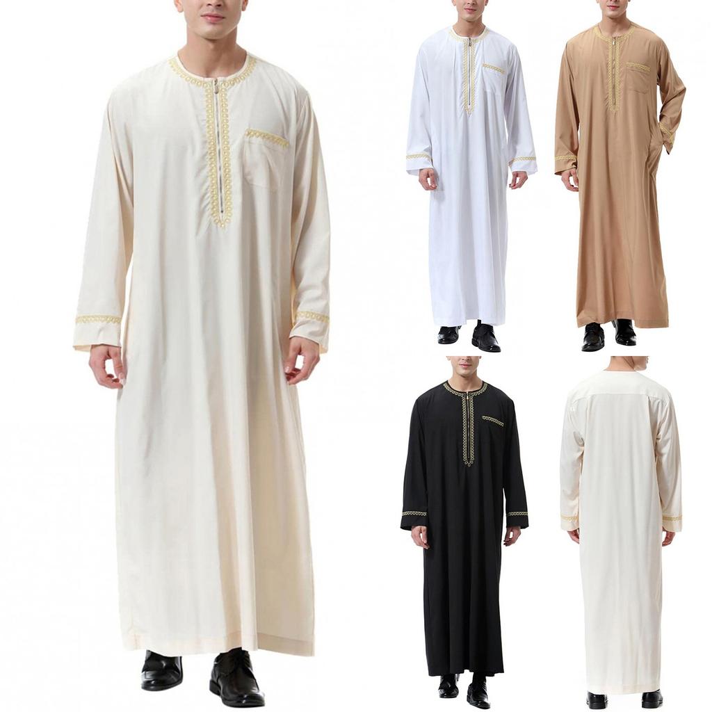 Men's Muslim Shirt Print Kaftan Islamic Royalty Dubai Robe O-Neck Long Sleeve Retro Tunics Abaya Loose Kandoura