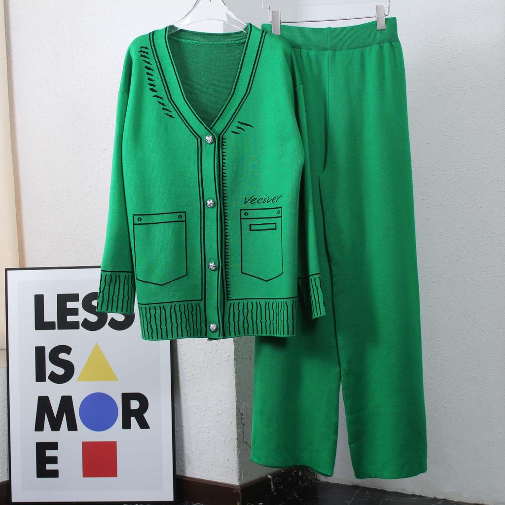 Женский осенне-зимний комплект из двух предметов, трикотажные брюки с принтом, женская уличная одежда, кардиган с длинными рукавами и v-образным вырезом + широкие брюки