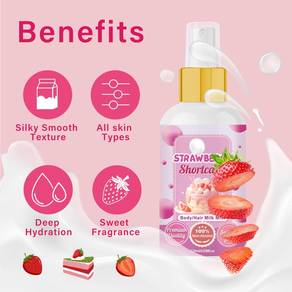 Спрей с клубничным молоком можно использовать как увлажняющий спрей для ухода за волосами или спрей для тела 120 мл