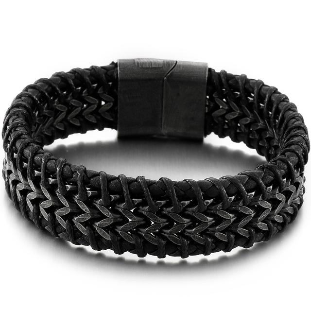 12 мм черный браслет из натуральной кожи для мужчин плетеные мужские браслеты из воловьей кожи и нержавеющей стали с магнитной застежкой с гравировкой