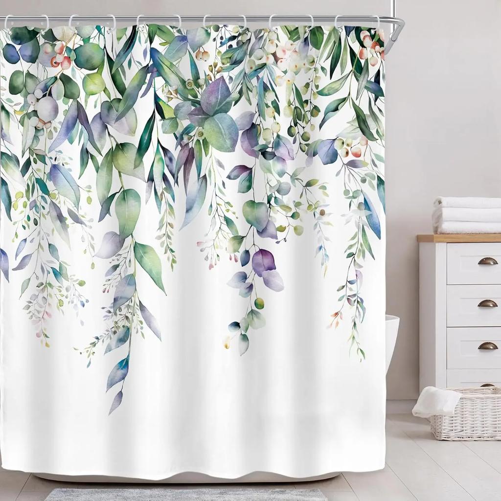 Grey eucalyptus leaves shower curtain bathroom decor vintage botanical watercolor flowers garden plants natural grey art