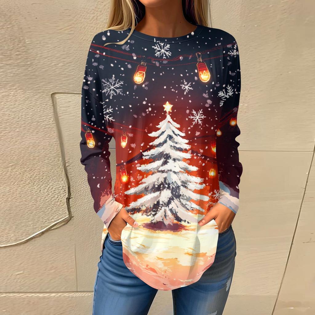 Футболки для женщин, осенние повседневные рубашки с длинным рукавом, толстовки с винтажным графическим принтом, топы, пуловеры, рождественские