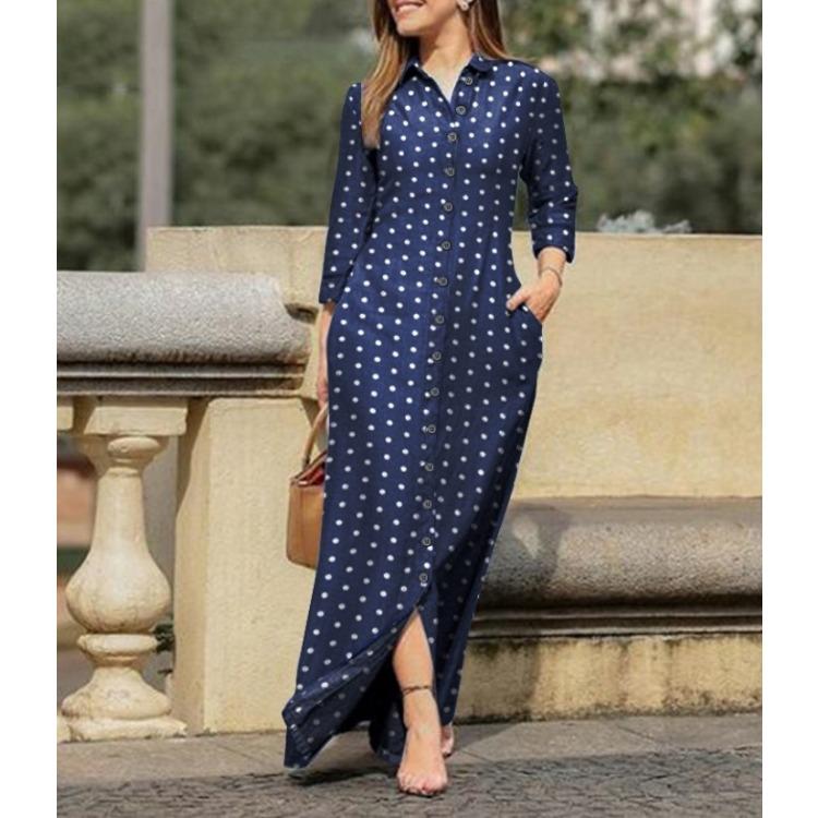 GMXIA Женская мода лето весна сплошной цвет печати с длинным рукавом ПОЛО шеи свободные повседневные платья на пуговицах